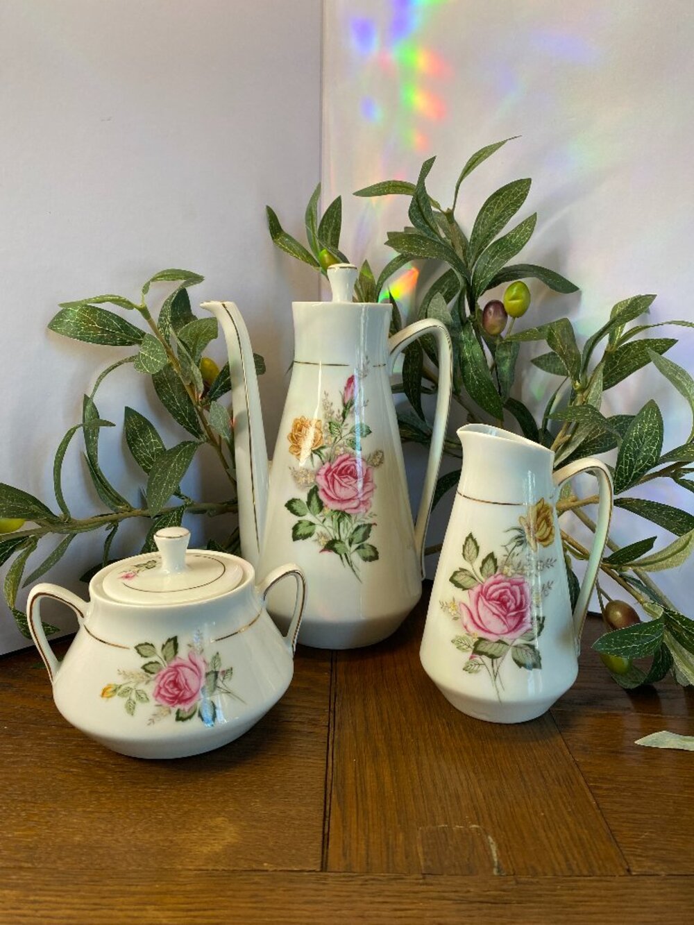 Vintage Porcelana Brazil Pink Rose Porcelain Coffee Pot Sugar Creamer Set